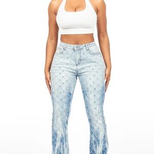 Sareka Light Wash Rhinestone Stacked Flare Jean